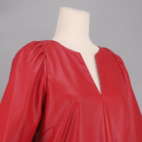 ANN TAYLOR Faux Leather Peplum Dress Split Neck Beaming Blush Red Size 8 - Picture 4 of 8